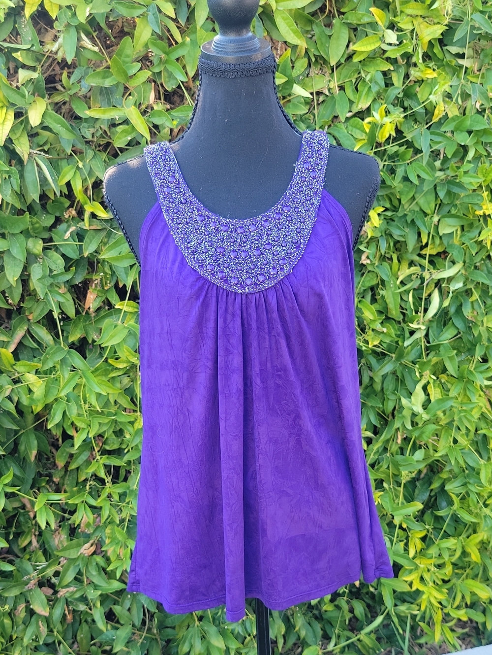 Y2K Deep Purple Beaded And Sparkly Flowy Tank Top L